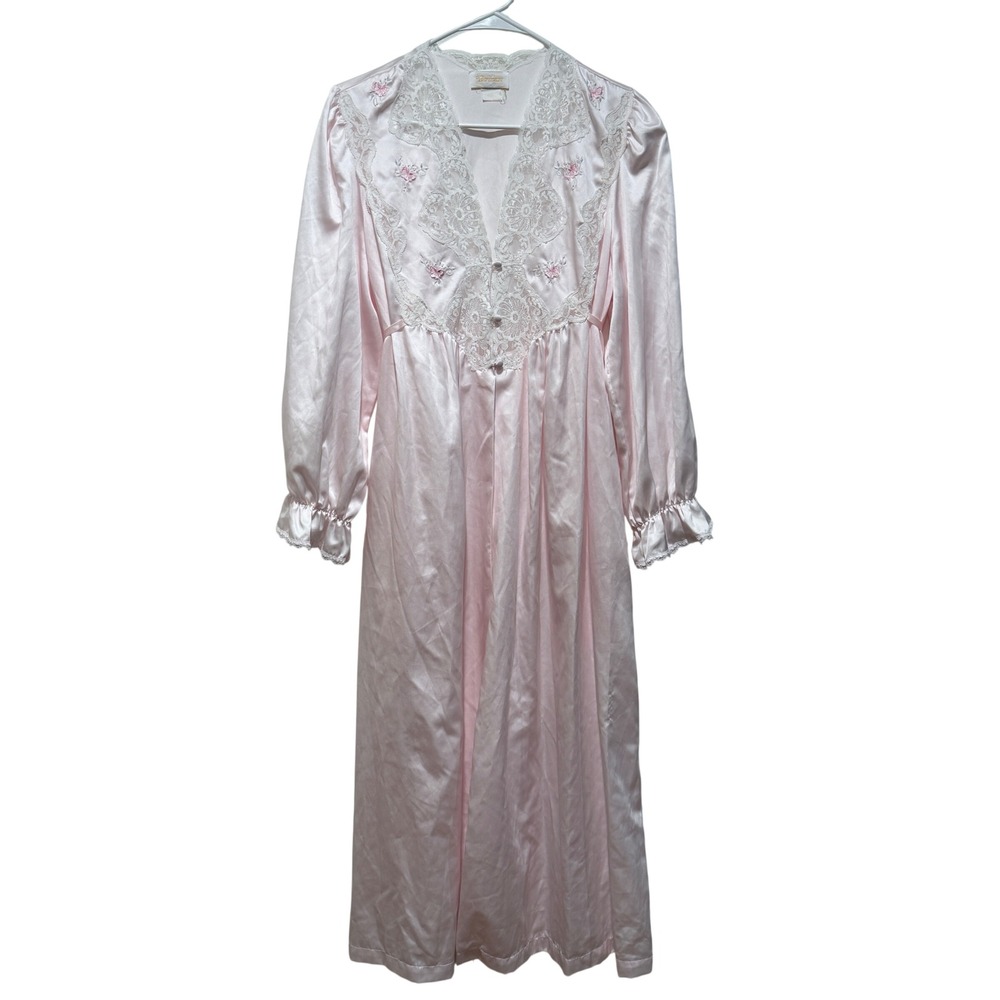 VTG Barbizon Pink Satin Nightgown Robe Lace Floral Embroidery Long Sleeve Maxi